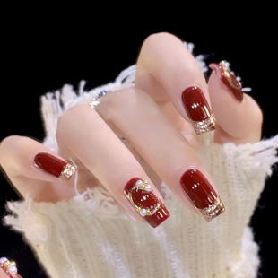 Wine red shiny diamond New Year red hot nail art shiny gold powder hot sale New Diamond wear nail fake nails
