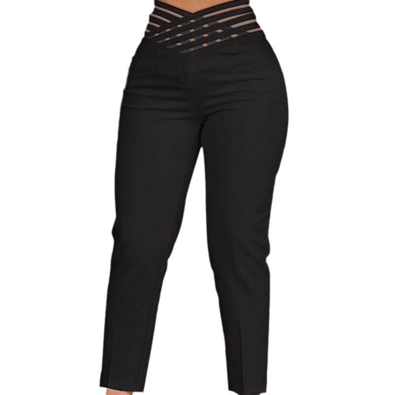 2023 European and American Foreign trade Women's Wear Ribbon hollow belt elegant commuter high waist casual solid color pencil cropped pants