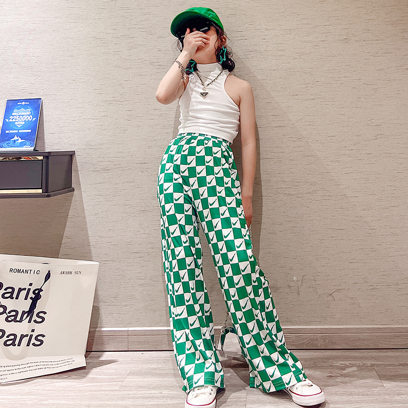 女童2023夏季新款兒童網紅背心中大童高腰棋盤格寬鬆闊腿褲套裝潮