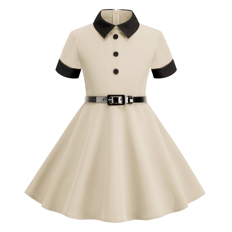 Amazon cross-border European and American Girls' Foreign trade dress short-sleeved belt stitching retro children's clothing dress