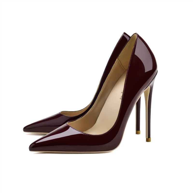 2021 new foreign trade women's shoes wholesale 12cm pointed stiletto heel high heels size code cross-border black patent leather shoes