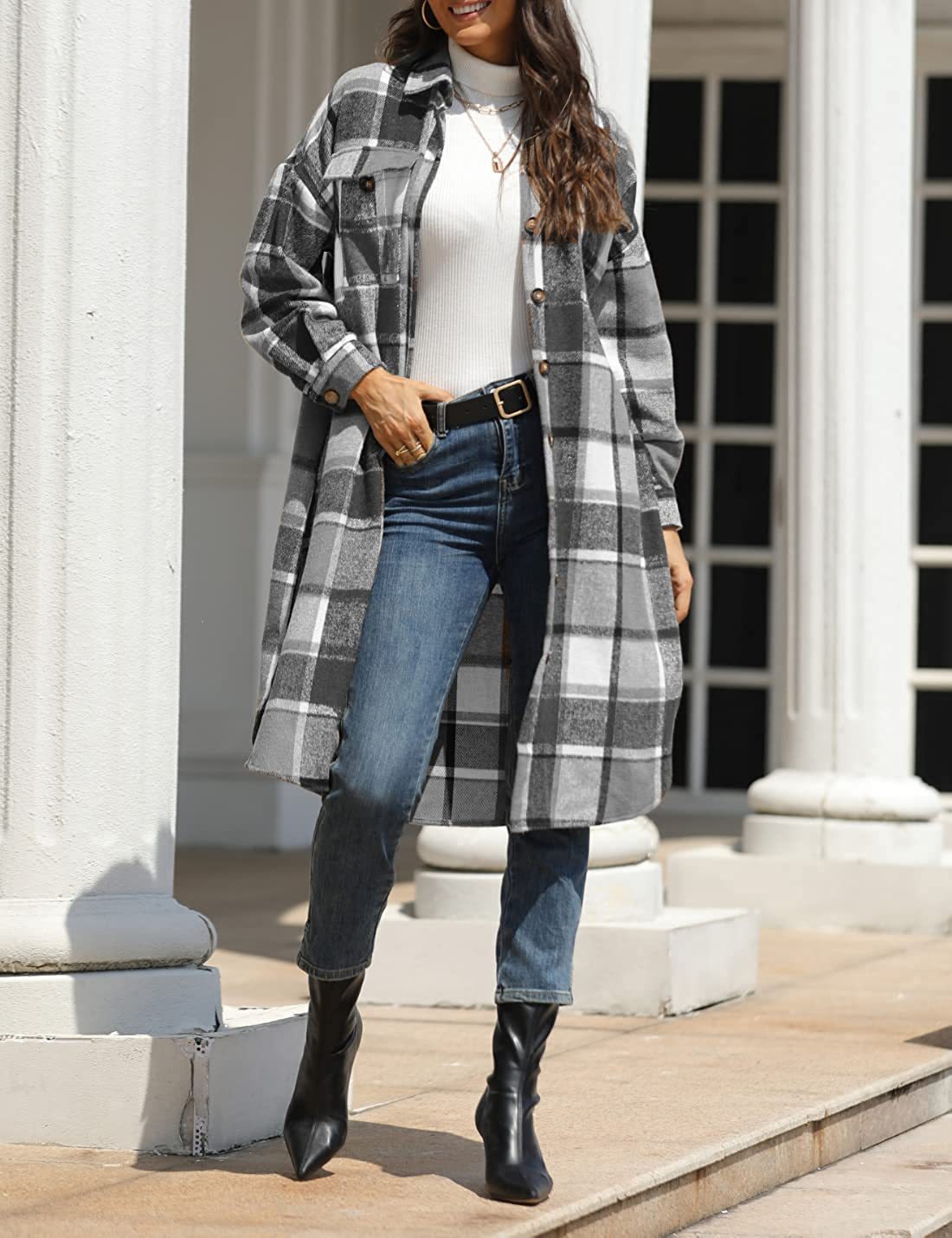 2021 Europe and America Cross-border Autumn and Winter New Women's Large Size Long Split Woolen Plaid Coat Coat_voghion.com