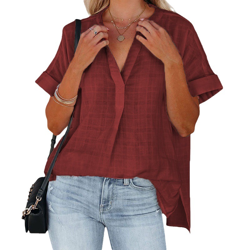European and American Foreign Trade Women's 2023 Amazon Summer New Short-sleeved Thin V-neck Pullover Shirt Loose Shirt for Women