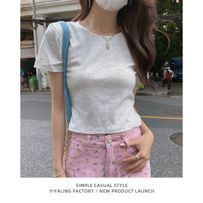 White Shoulder Short-sleeved T-shirt Women's Summer Pure Cotton Slim-fit Slimming All-match Short T-shirt Basic Base Top