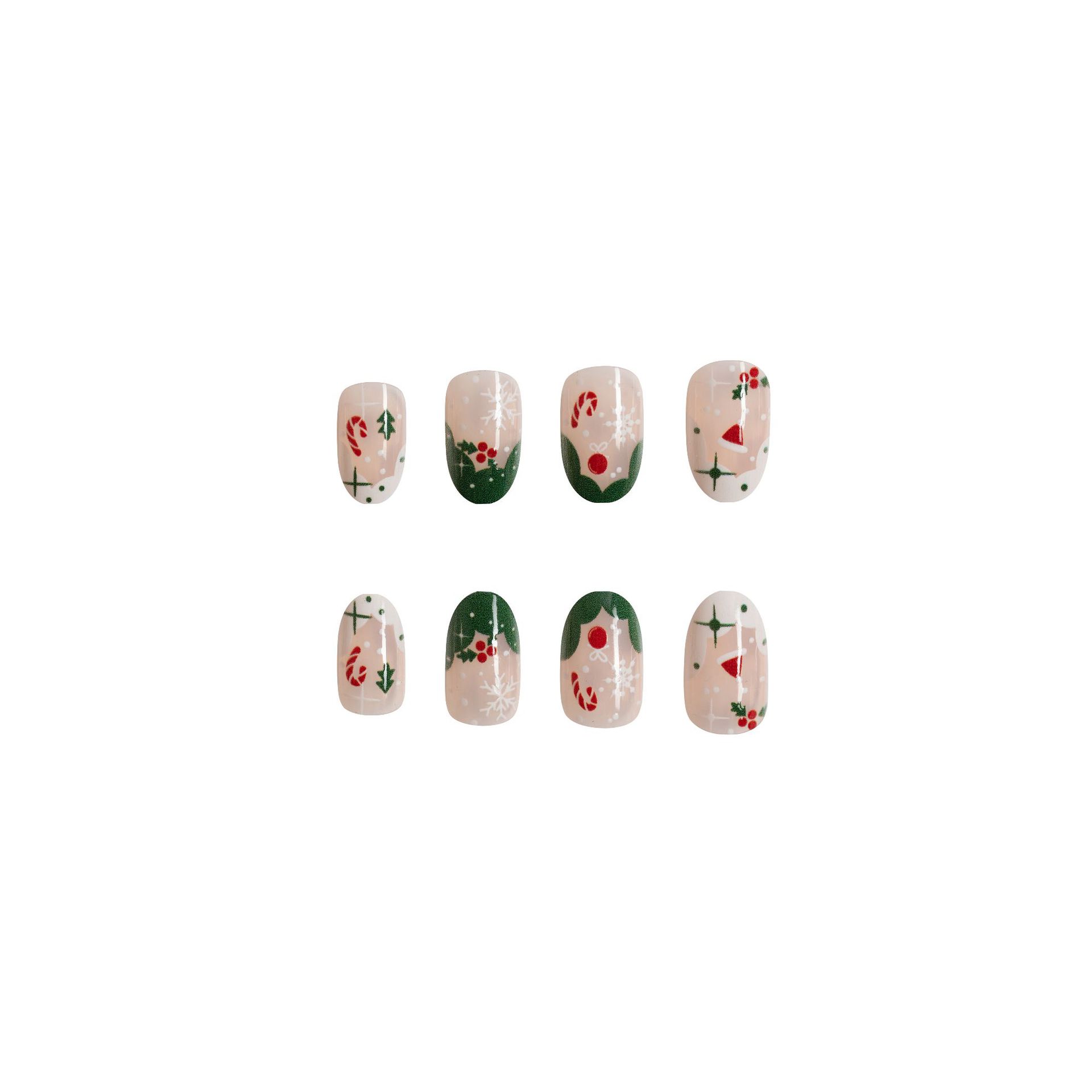 Short Christmas short round nail beauty piece Christmas gift snowflake sweet cool wear nail contrast color nails 24 pieces_voghion.com