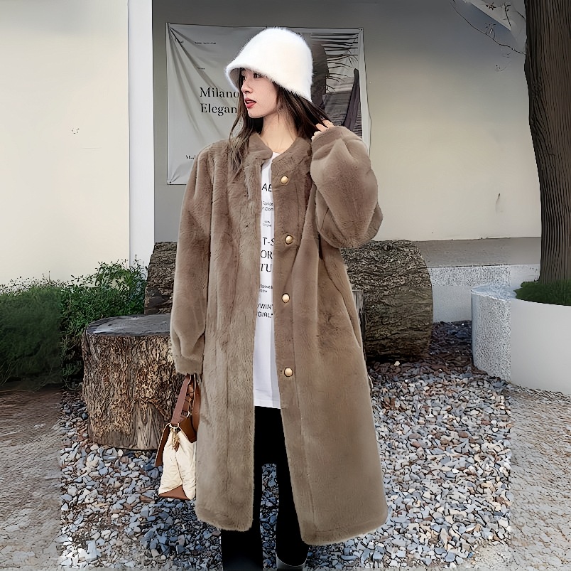 2024 New Korean Style Winter Eco-friendly Fur Coat Women's Mid-length Imitation Rex Rabbit Fur Plush Coat Fashionable Casual
