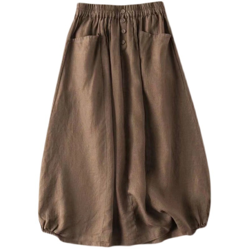 Large Size Women's Clothing Summer New Style Imitation Linen Retro Skirt Women's Summer Mid-length High Waist A- line Slimming Artistic Elegant
