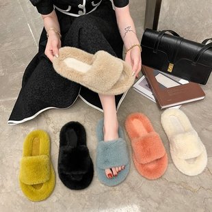 European Station Maomao Slippers Women's 2021 Autumn and Winter New Flat Bottom Comfortable One-word Trawl Popular Thick Bottom Outer Wear Cotton Slippers Trendy