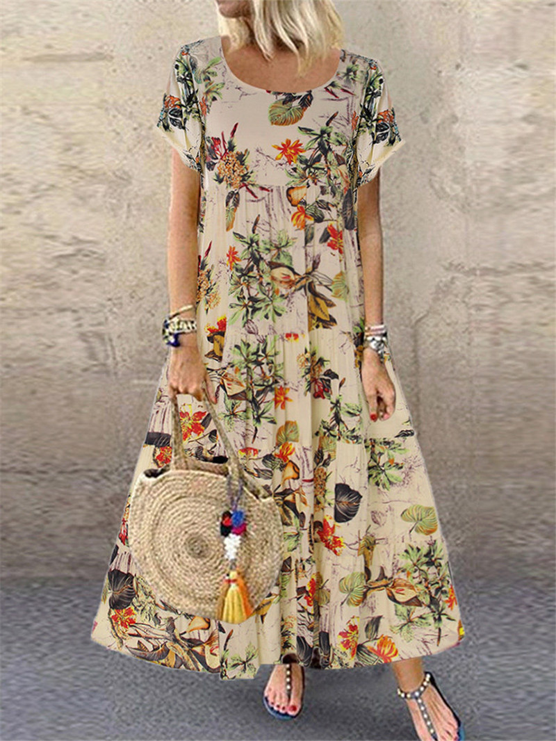 2022 Amazon Wish independent station popular women's vintage floral print short sleeve round neck dress