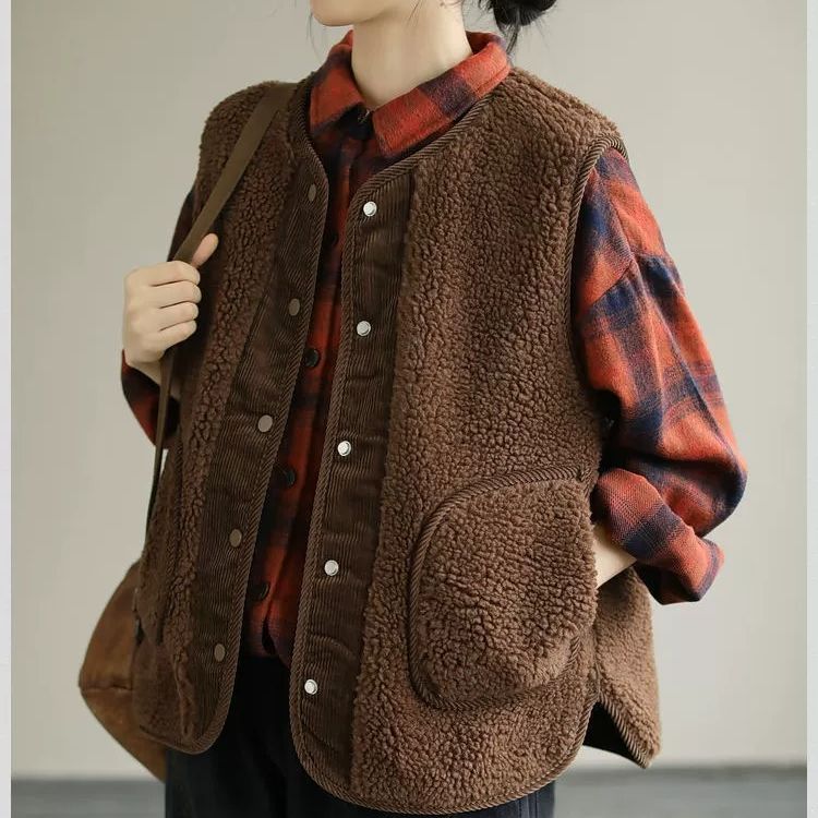 Gilet in pelliccia di agnello bifacciale per donna autunno e inverno Nuovo gilet retrò artistico ampio in velluto a coste cappotto positivo e negativo cappotto imbottito in cotone_voghion.com