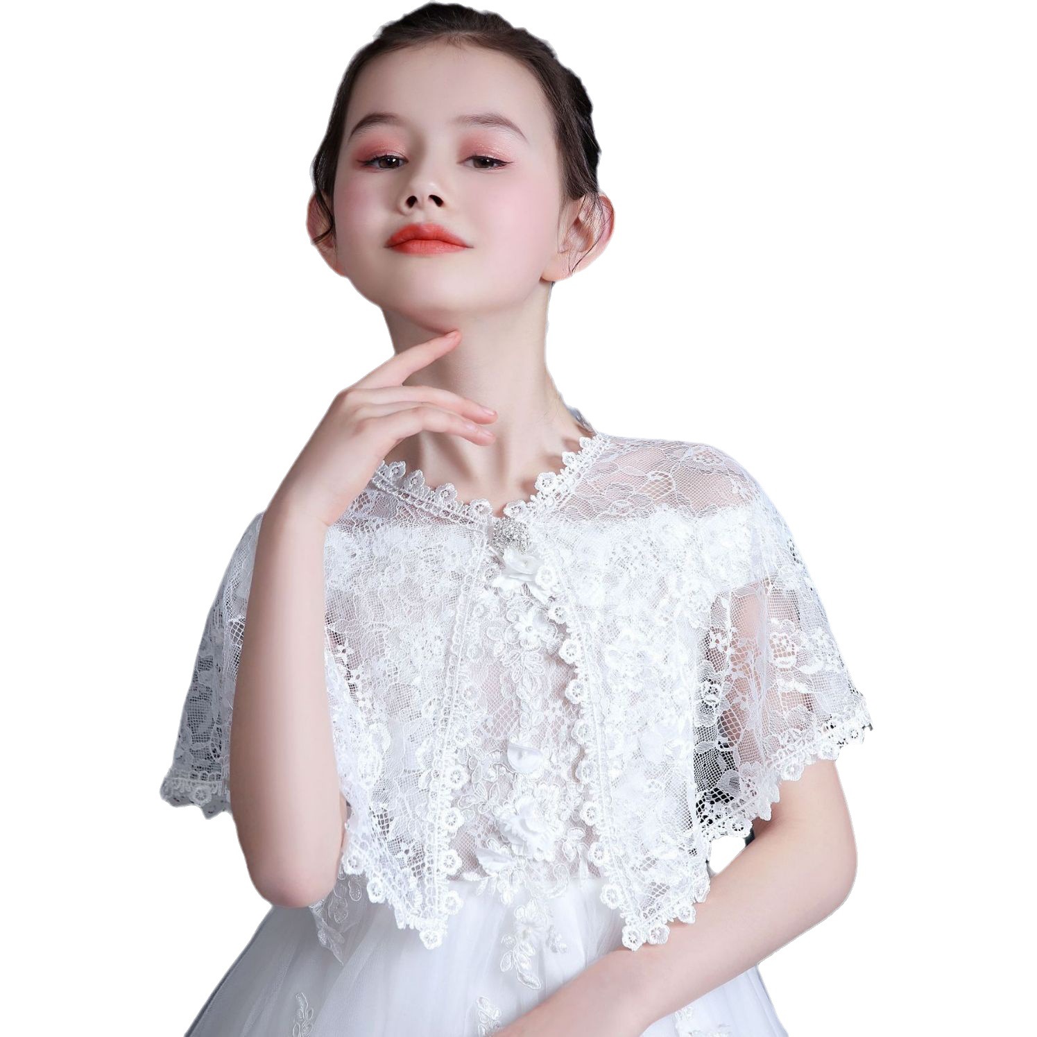 2021 spring and summer home children's small shawl flower girl dress shooting outside lace diamond buckle Korean small coat women's cute