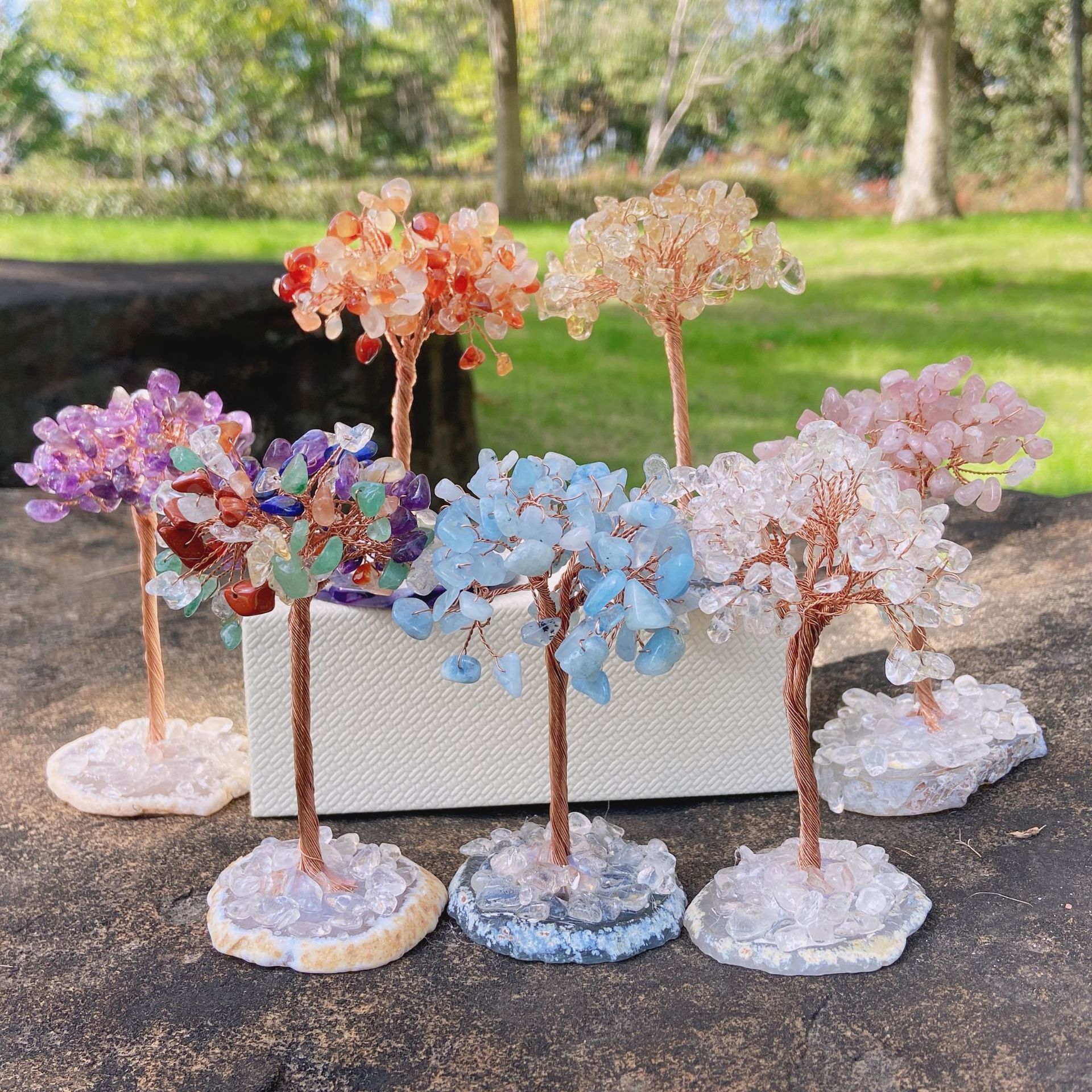 Natural Amethyst Pebble Woven Life Tree with Multicolored Crystal Agate Base Tree, Christmas Home Decor