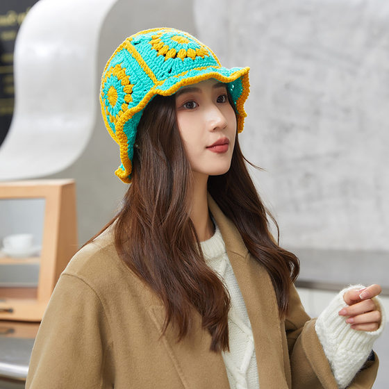 Korean ins New Handmade Knitted Hat Fisherman's Hat Wool Hat Vintage Hollow Thin Breathable Basin Hat for Women