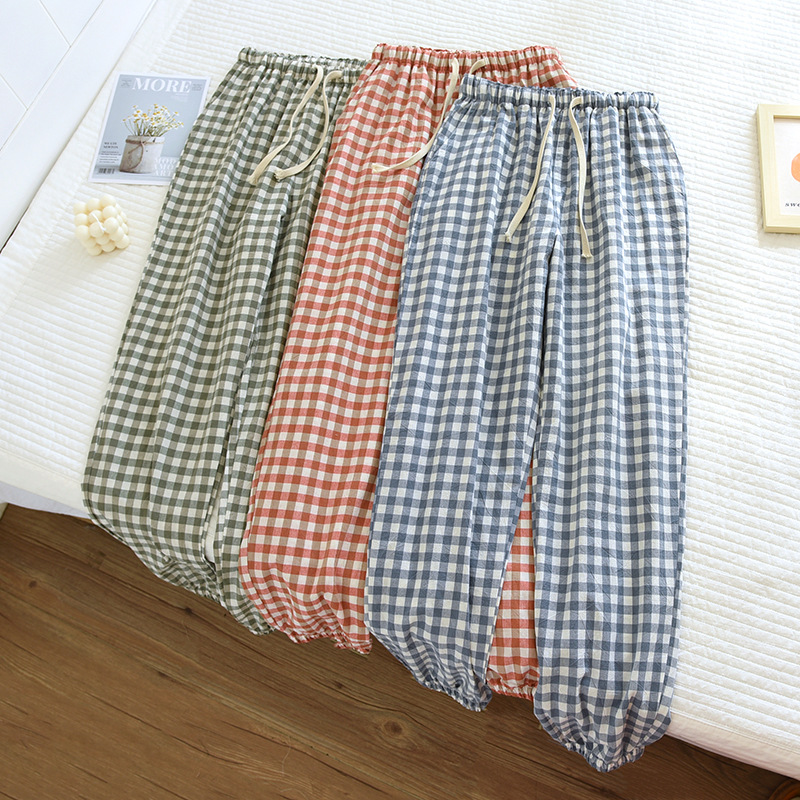 Plaid Pajama Pants Couple's Cotton Home Pants Nail-up Spring and Summer Thin High-end Loose Men's and Women's Home Pants for Outer Wear
