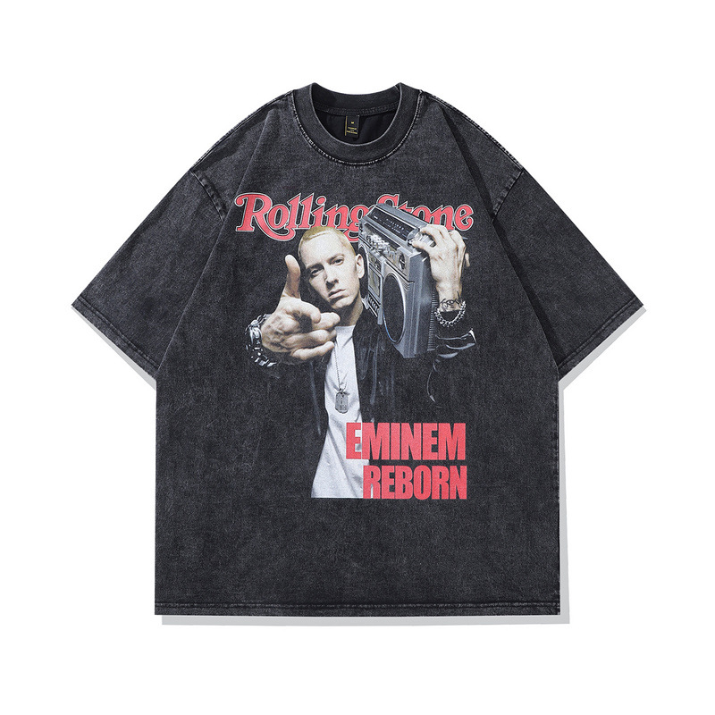 TKPA Amur People Portrait Print Small Crew Neck Vintage Short-Sleeve T-Shirt for Men, American Hip-Hop Retro Distressed Half-Sleeve Tee Shirt