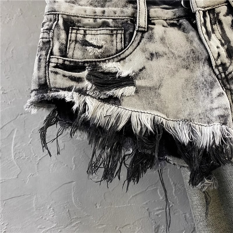 2023 new summer low waist light gray ripped frayed A- line hot pants Korean style women's personalized Denim shorts for women