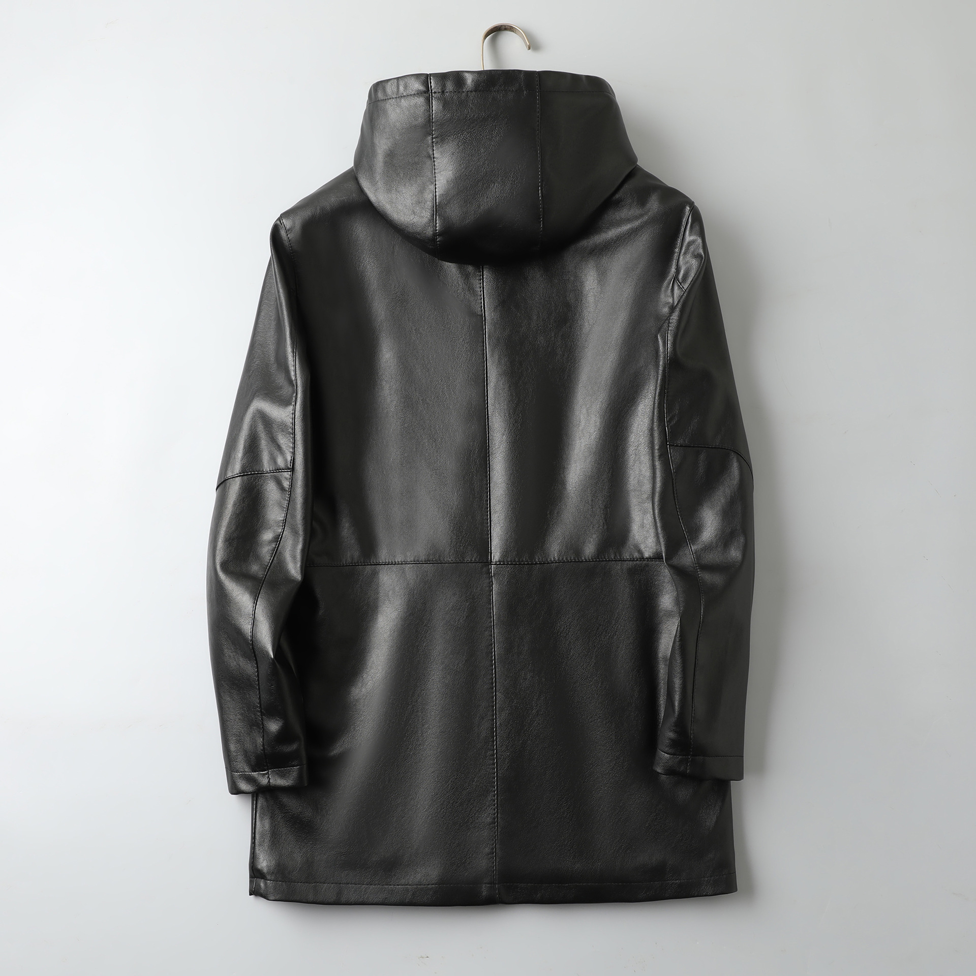 2022 autumn and winter new mid-length hooded men's leather jacket fleece-lined thickened business casual trendy leather jacket men
