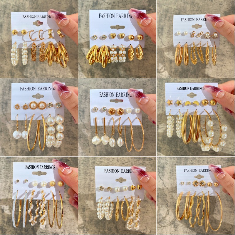 歐美跨境時尚愛心耳環6件套創意珍珠鑲鑽金色圓圈耳環套裝earring