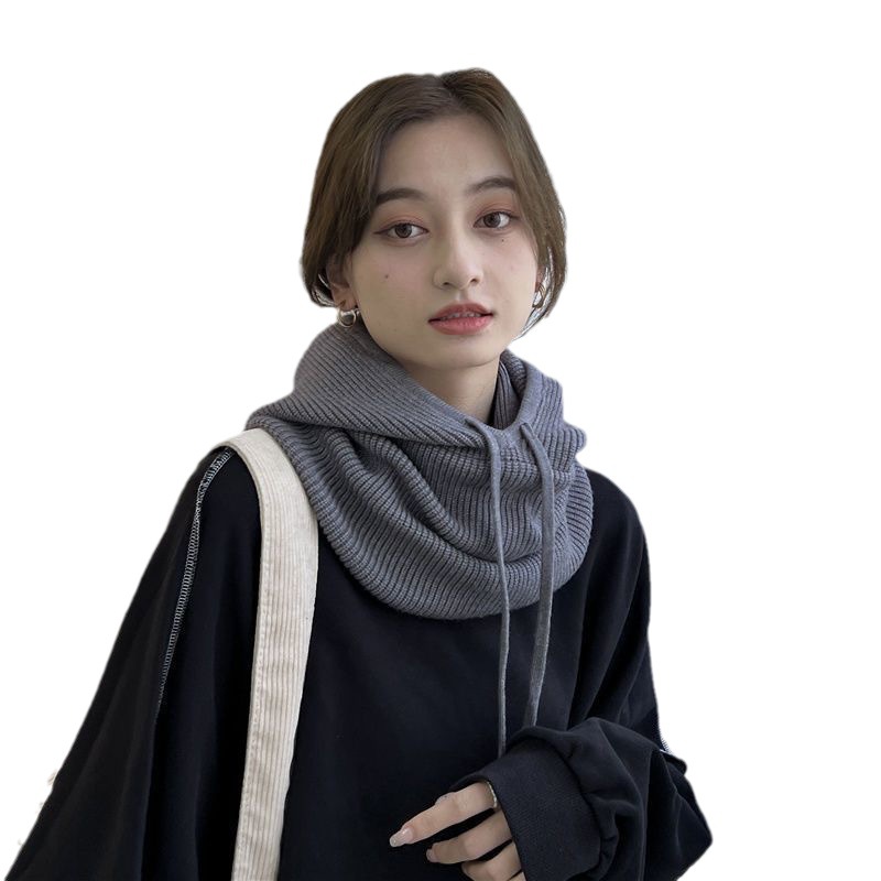 Hooded Scarf Knitted Hat Scarf Integrated Korean Style Autumn and Winter Hat Knitted Cold Hat Women's Warm Ear Protection Woolen Hat Pullover