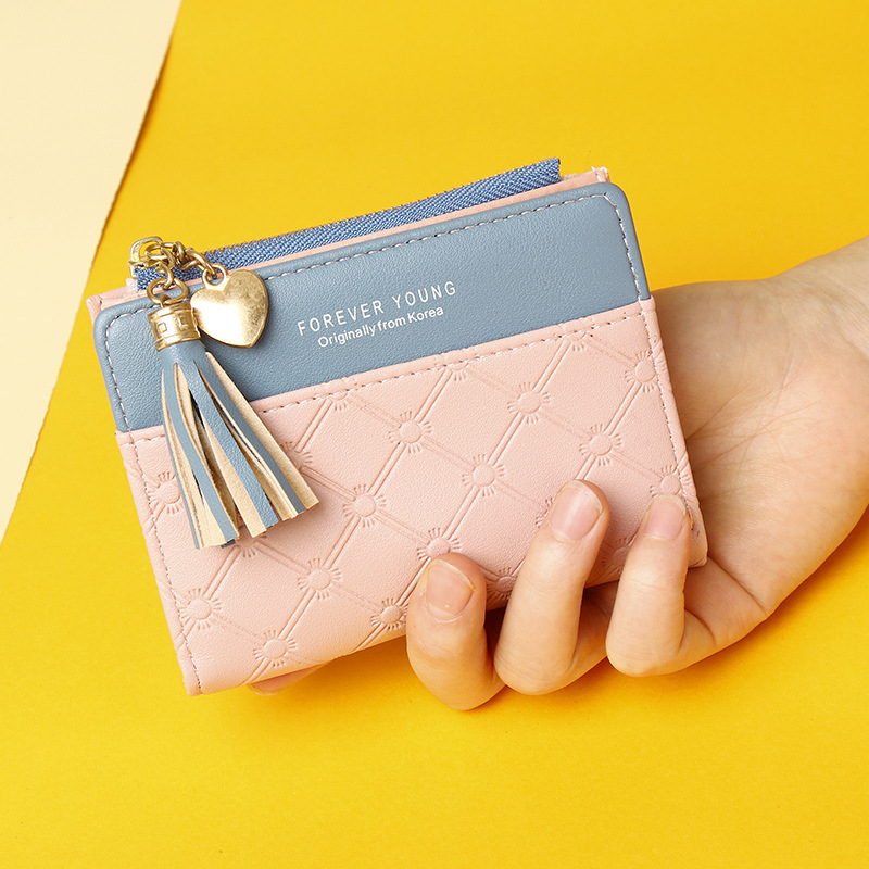 2022 Nueva billetera corta con cremallera para mujer, estilo coreano, con borlas, monedero sencillo que combina con todo, bolso de mano para mujer_voghion.com