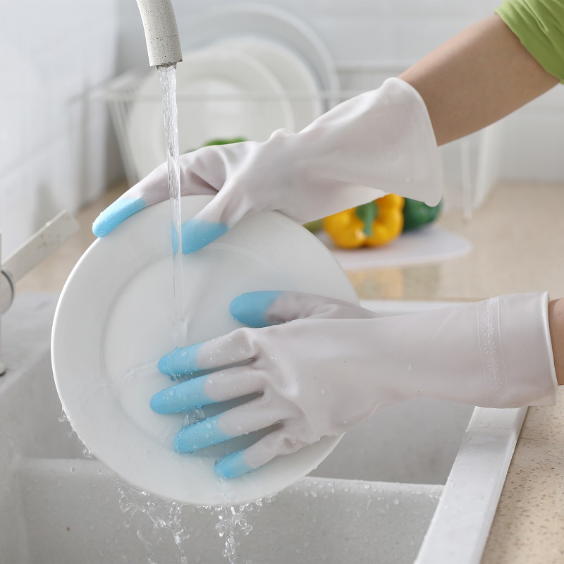 Longshou dishwashing gloves fingertip cleaning waterproof laundry housework PVC plastic latex gloves white dazzle fingers