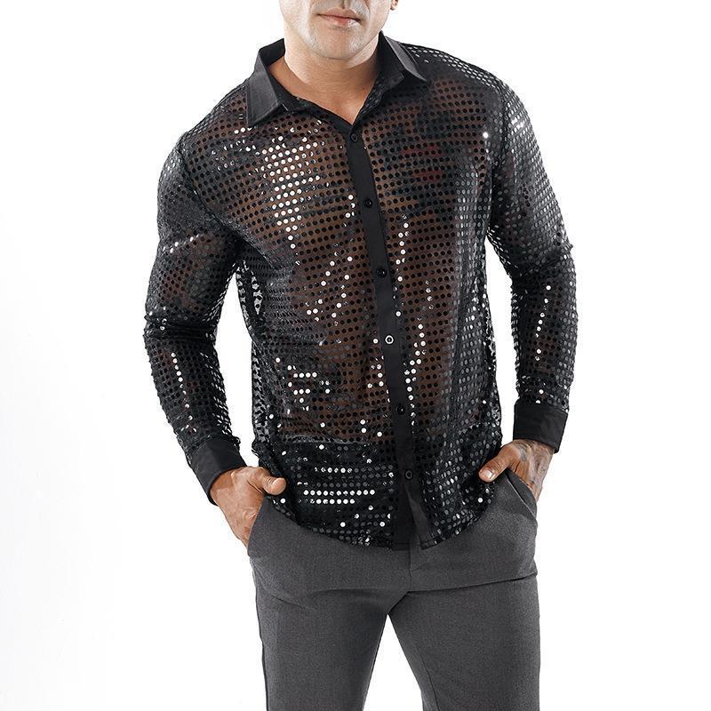 Men's Long Sleeve Performance Suit Amazon Foreign Trade Scale Shirt Long Sleeve Collar 70 s Disco Party Spot