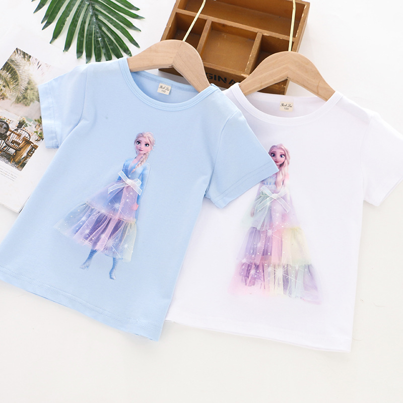 2024 children's clothing new summer girls' T-shirt bottoming shirt three-dimensional Princess top gradient mesh factory one-piece delivery