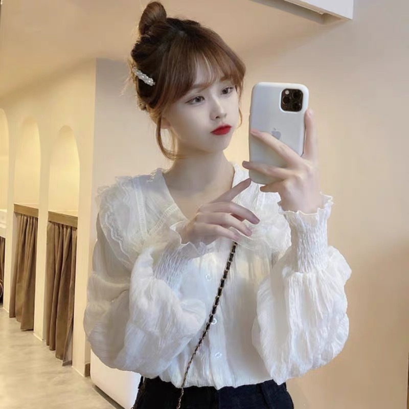 Very Fairy Top Sweet Age-reducing Doll Collar Chiffon Shirt Women's Spring and Autumn Design Sense Small Foreign Style Inner Shirt