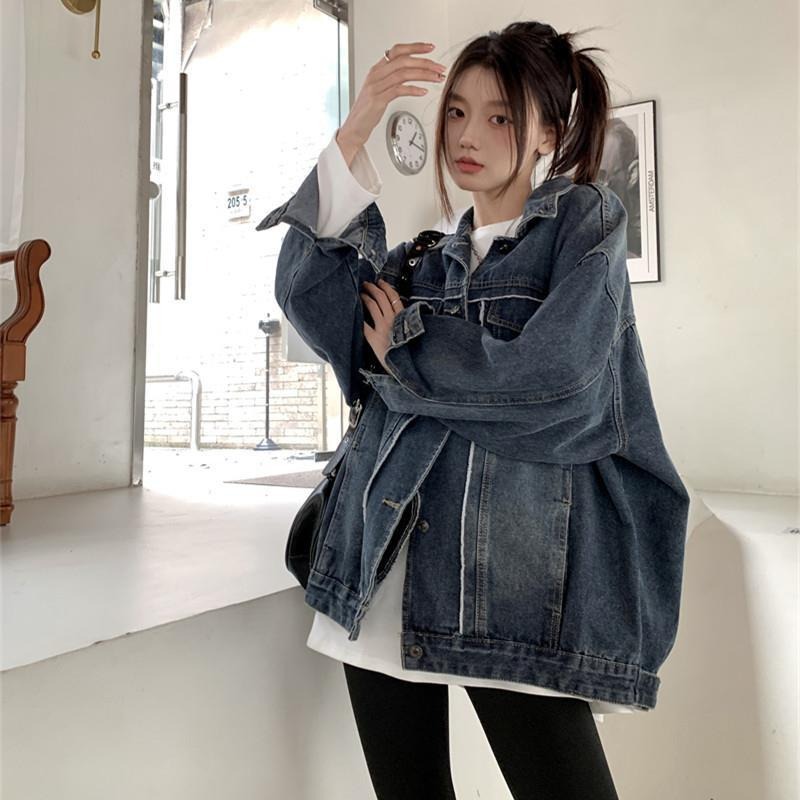 2025 Spring and Autumn New Korean Style Street Style Retro Washed Denim Coat Women's Rust Distressed Denim Loose Trendy