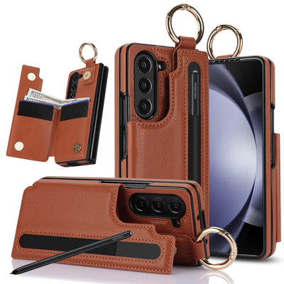 For Samsung Z FOld5 Foldable Phone Case FOld6 Wallet Phone Leather Case Finger Ring Protective Cover