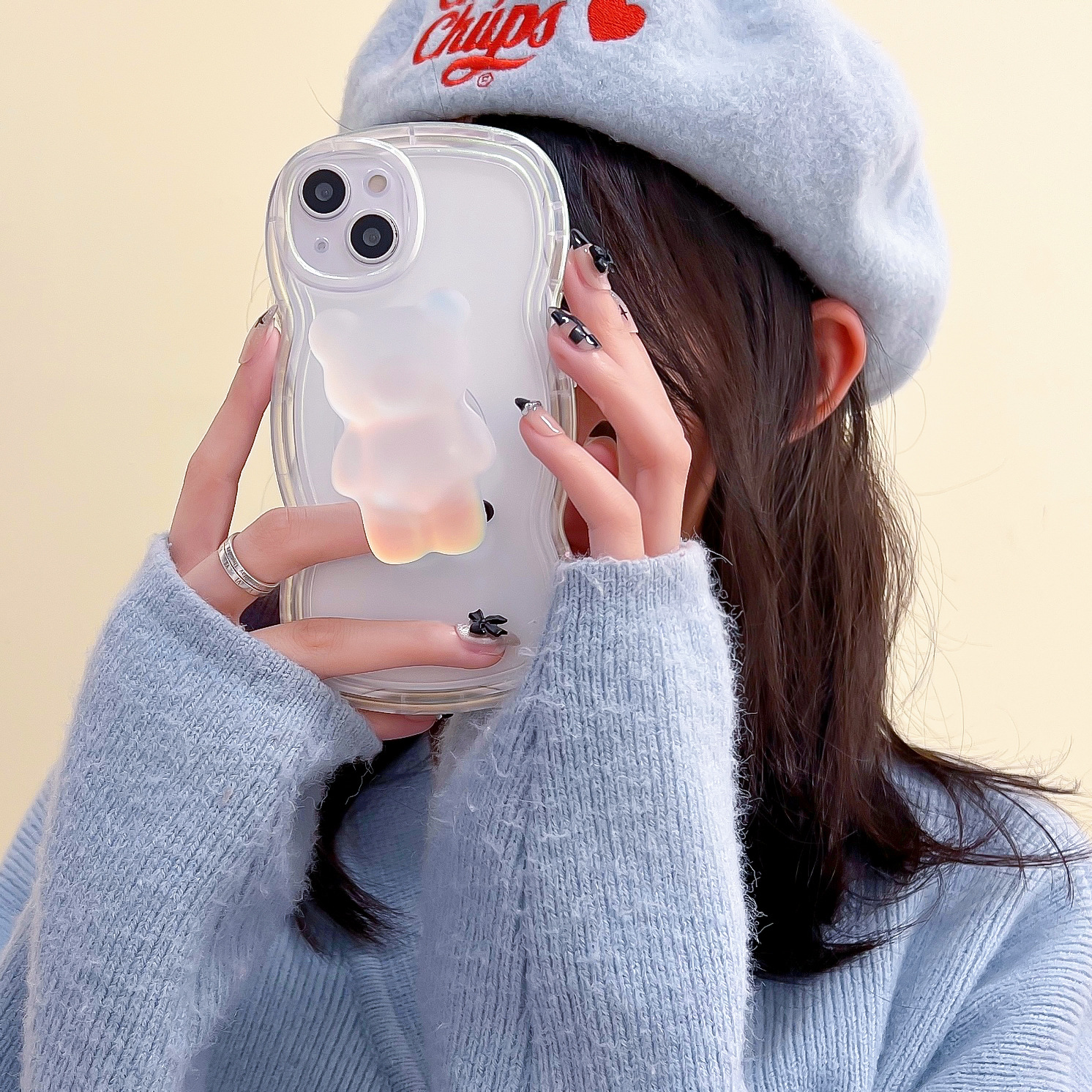 透明閃閃小熊支架適用iPhone14promax蘋果13手機殼12新款11高級15