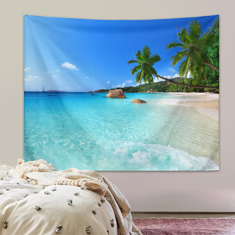 Seaside landscape tapestry Blue Sky coconut tree beach background wall hanging cloth living room bedroom background wall decoration tapestry