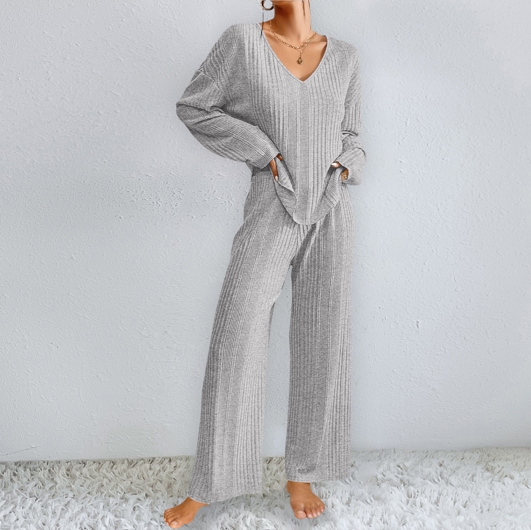 Autumn and Winter cross-border European and American Foreign trade Women's Home wear suit long-sleeved trousers two-piece rib warm home pajamas