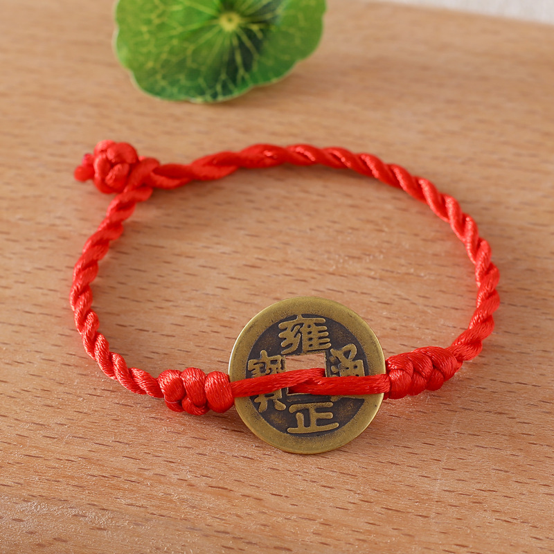 Hand-woven five Emperor money red rope bracelet pure brass five Emperor money Qianlong copper money lucky lucky bracelet