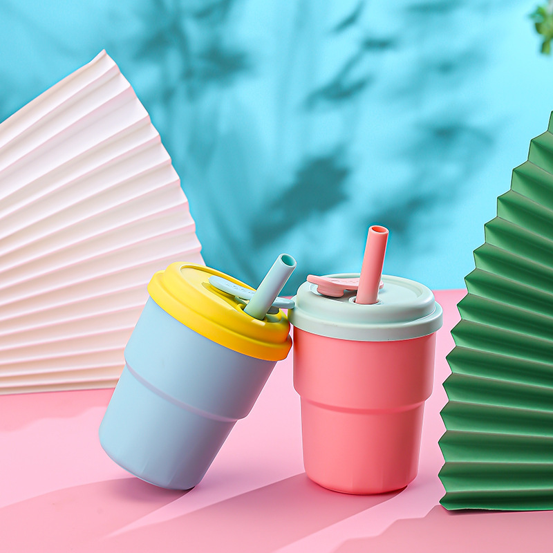Portable Cute Bamboo Cup Drop-resistant Silicone 380ml Suction Tube Cup High Color Value High Temperature Resistant Milk Cup for Children and Students