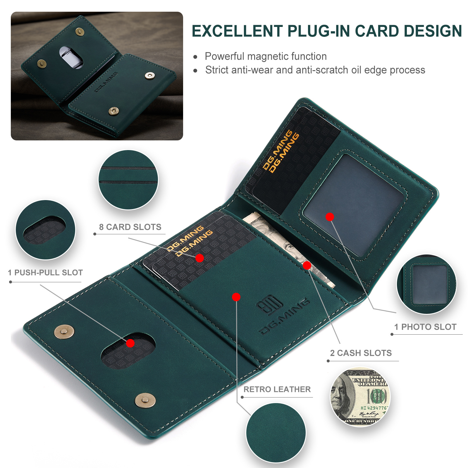 DG.MING Green Tri-Fold Card Holder with Vintage PU Leather Credit Card Case, Business Card Holder, Multi-Card Slot Magnetic Small Card Purse