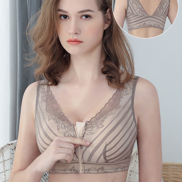 Wholesale Front Zipper Lace Push-up Rimless Sports Sleep Anti-sagging Bra Full Cup Collapsed Breast Underwear for Women