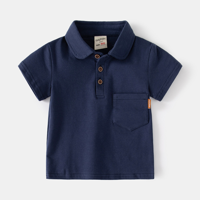 Boys' Short-sleeved T-shirt 2024 New Children's Solid Color Polo Shirt Baby's Summer Top Pocket Label Fashion Lags