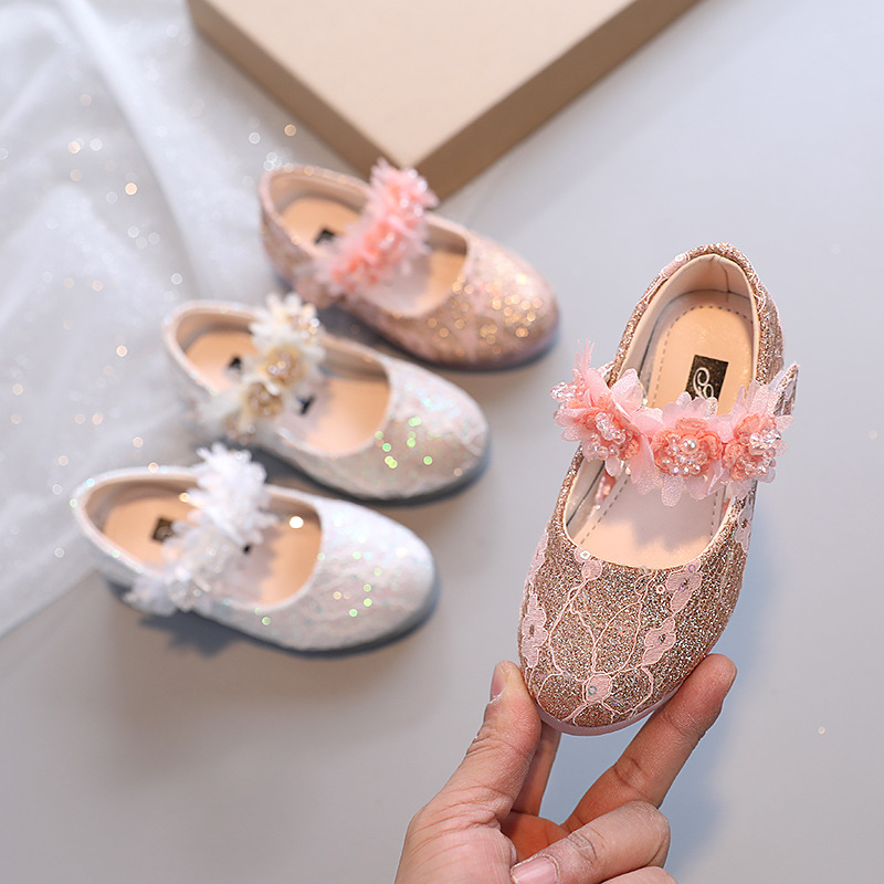 Little girl's leather shoes spring and autumn children's fashion Pearl small flower small leather shoes girls' small high heels Korean style princess shoes