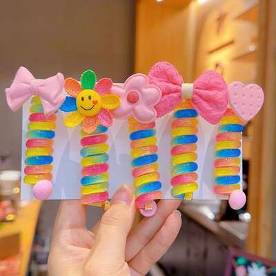 2023 new 3-6 years old kindergarten hair accessories cute cartoon colorful rainbow children roll telephone line Hair ring