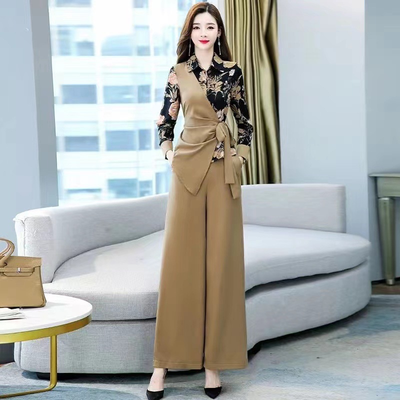 European Station 2023 Spring and Autumn New Fashion Age-reducing Western Style Elegant Two-piece Hong Kong-style Wide-leg Pants Set for Women