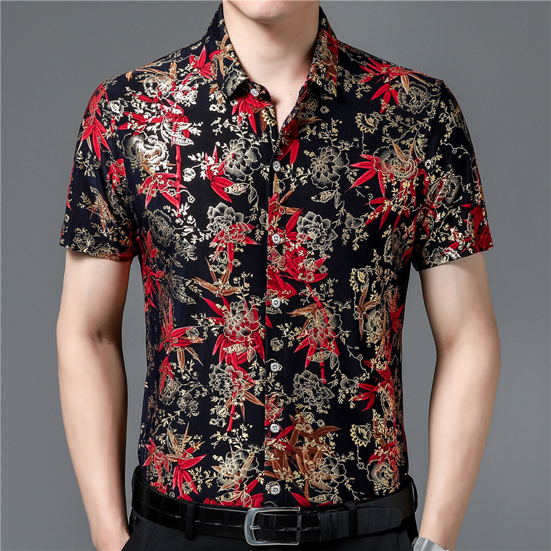 Middle-aged men's summer short-sleeved floral shirt loose non-ironing casual half-sleeve ice silk shirt bronzing thin shirt fashion
