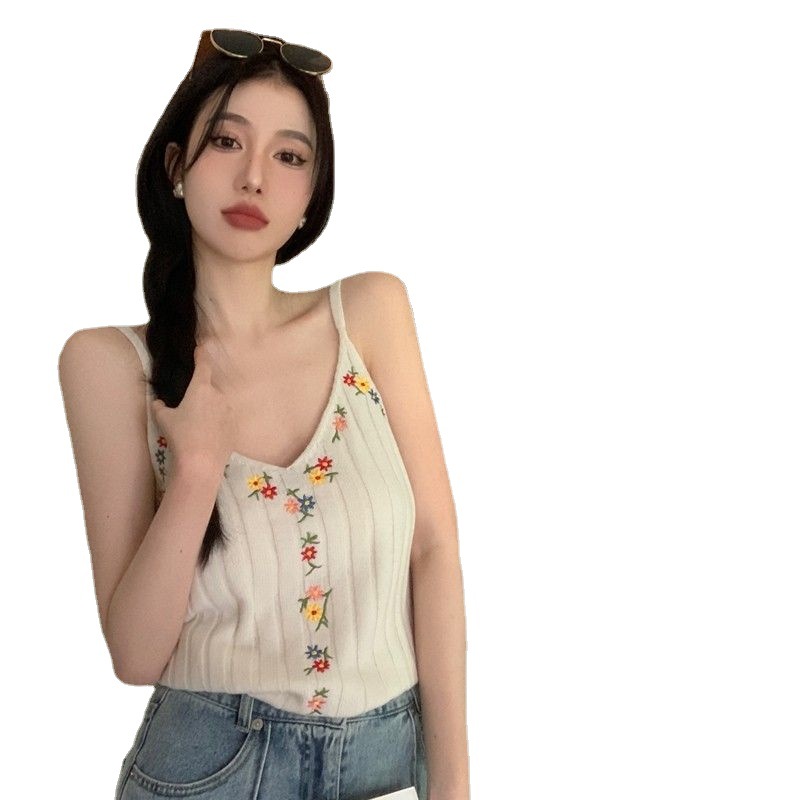 Summer new retro floral embroidered knitted camisole women's hot girl design chic sexy sleeveless top