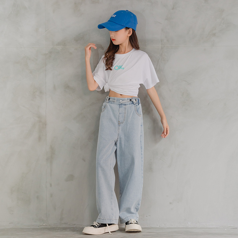 Children's Spring Pants 2024 New Style Korean Wide Leg Jeans Girls Styline Casual Children's Wear Trousers