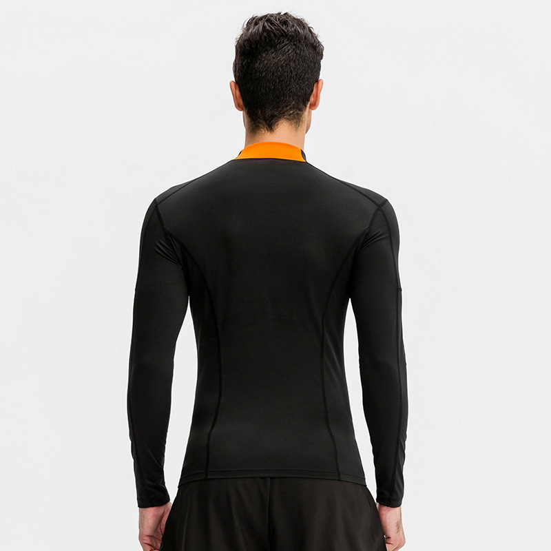 Men's Fitness Long-sleeved High-elastic Tight-fit Quick-drying Clothes Running Training Clothes High Collar Colorblock Sports Top 01506