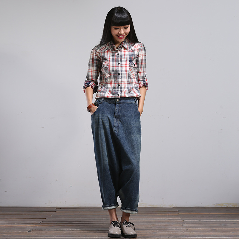 2024 new artistic blue twill cotton Denim large pull-up pants harem pants factory wandering notes