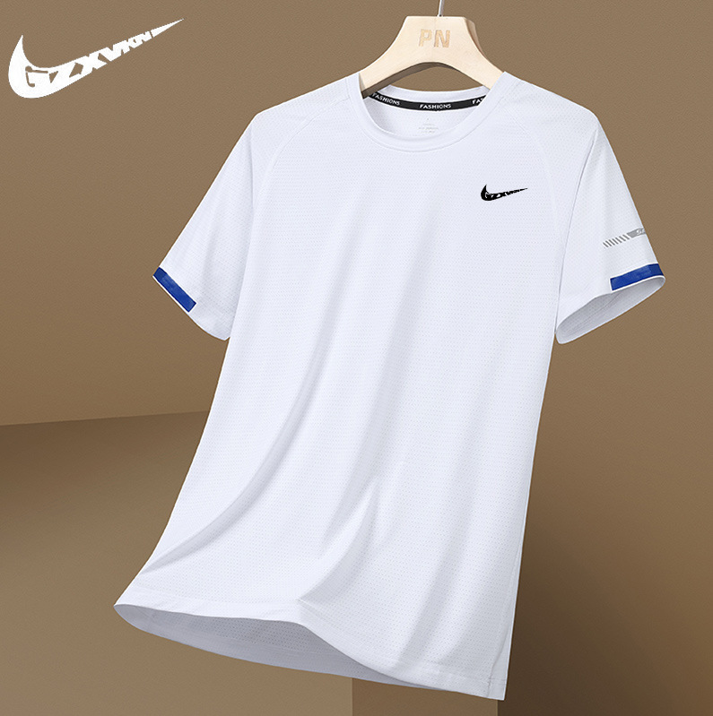 Large size Summer Ice Silk quick-drying short-sleeved T-shirt men's sports loose thin round neck top sweat-absorbent breathable foreign trade style