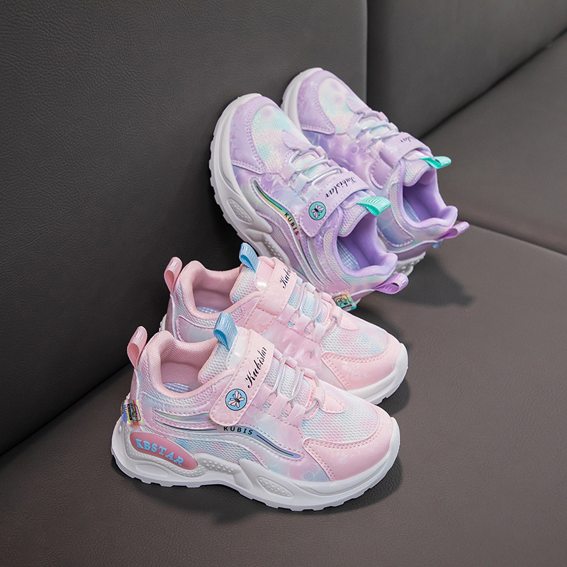 Leather surface + mesh girls' sneaker color gradient color single shoes double mesh breathable Velcro children's shoes