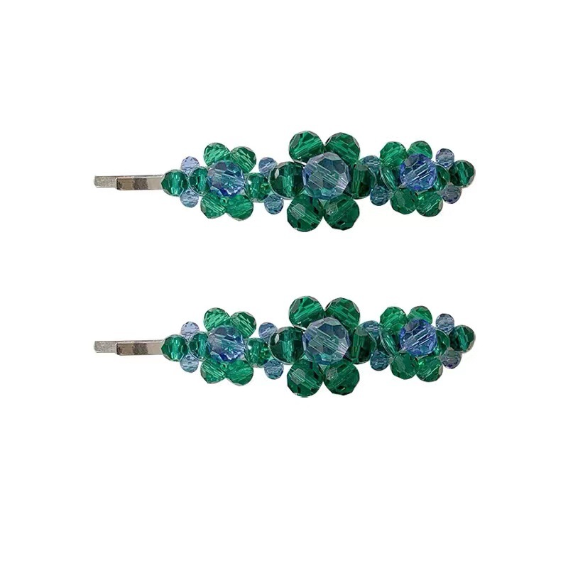 Korean ins Handmade Woven Crystal Flower Beaded Hairpin High-grade One-character Clip Niche Side Clip Hair Accessories 340