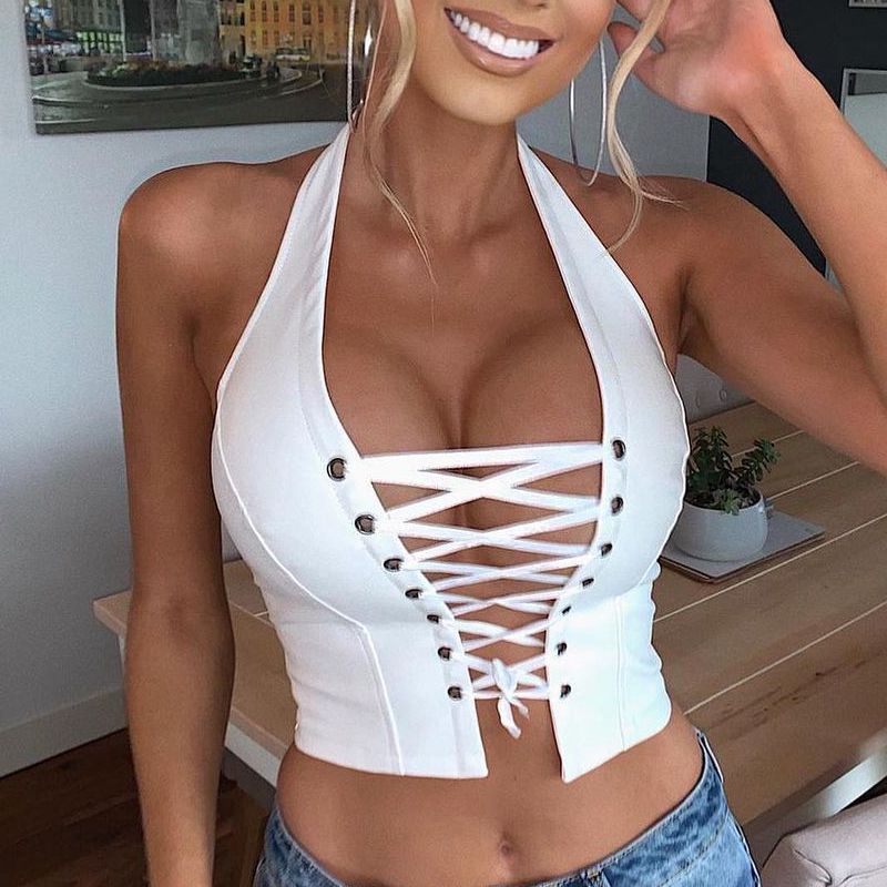 ins style European and American 2023 foreign trade summer popular halter sexy backless lace-up short women's PU vest